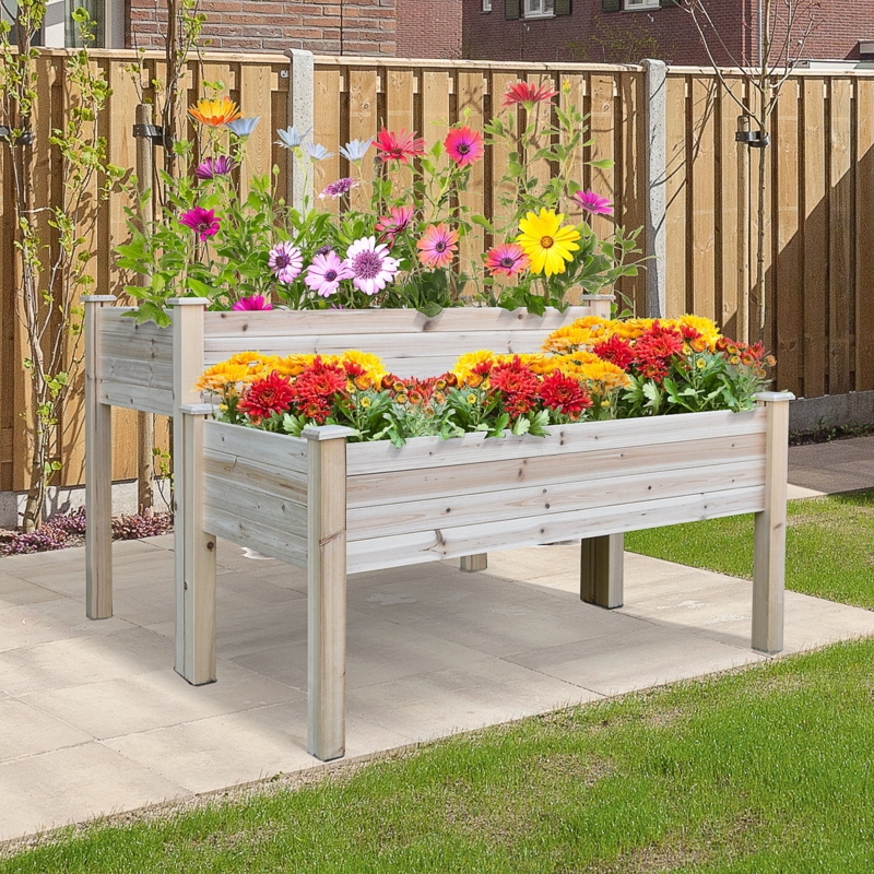 Raised Garden Bed, 2-Tier Natural Wood Elevated Planter with Shelf