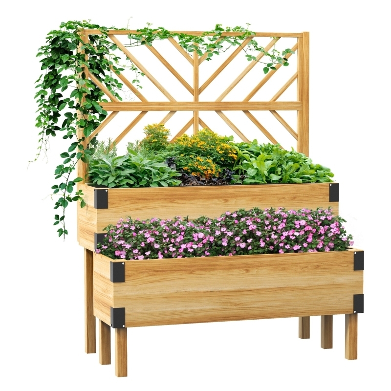 Raised Garden Bed, 2-Tier Wood Planter with Integrated Trellis