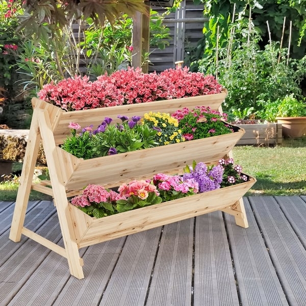 Raised Garden Bed, 3-Tier Staggered Wood Planter with Side Hooks