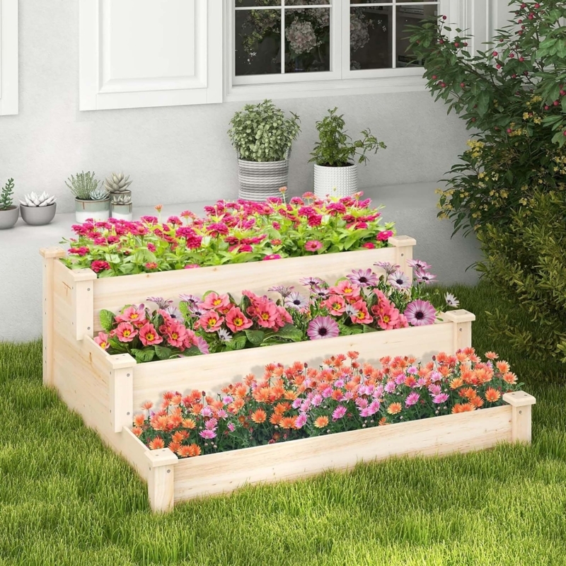 Raised Garden Bed, 3-Tier Stair-Step Multi-Level Planter Box