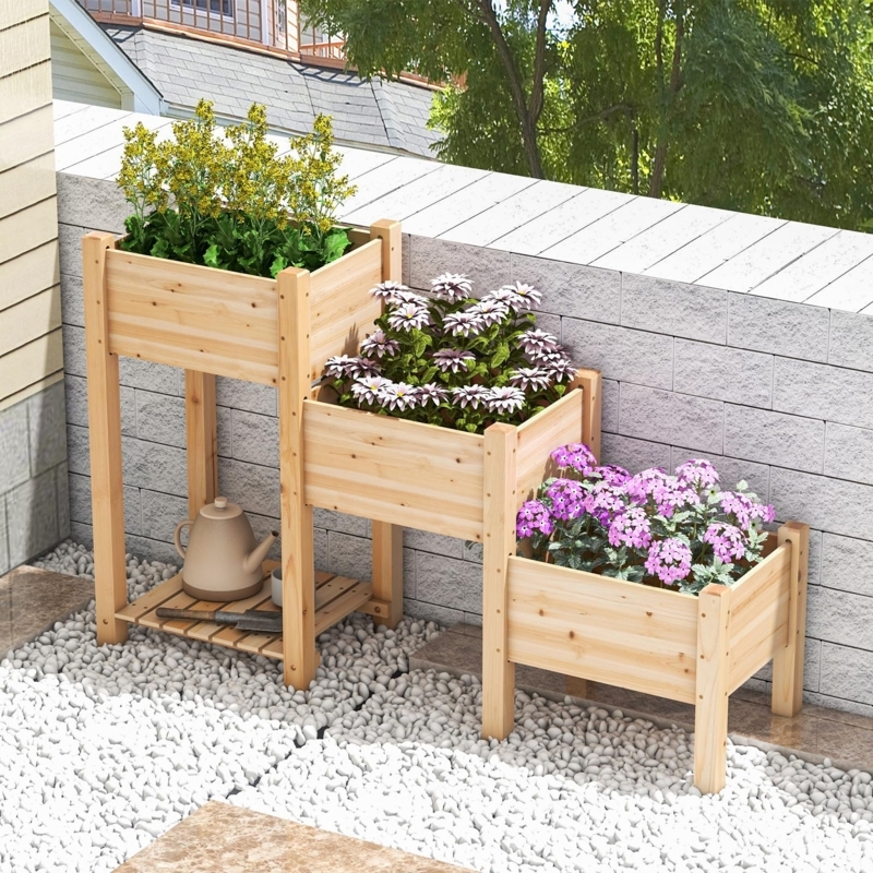Raised Garden Bed, 3-Tier Wood Vertical Planter with Storage Shelf