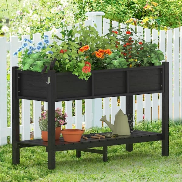 Raised Garden Bed Black Plastic with Rattan Look Texture for Backyard
