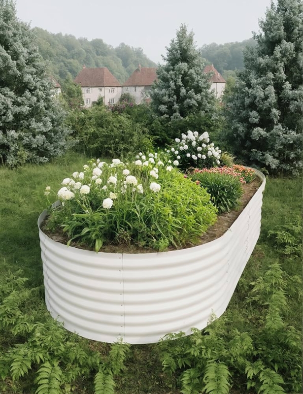 Raised Garden Bed, Deep White Corrugated Metal, Farmhouse Layout