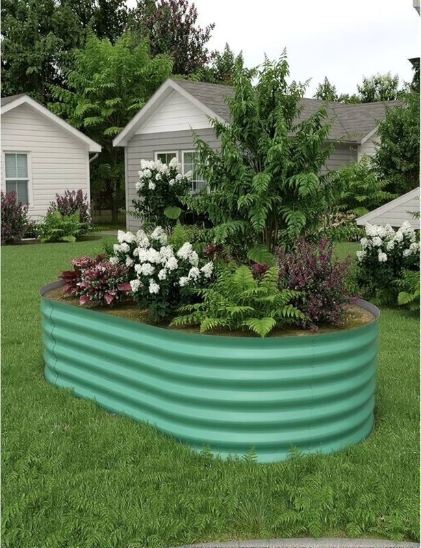 Raised Garden Bed, Eight Foot Long Dark Green Corrugated Metal, Backyard