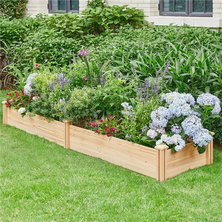 Raised Garden Bed Long Natural Wood with Dual Sections and Post Caps