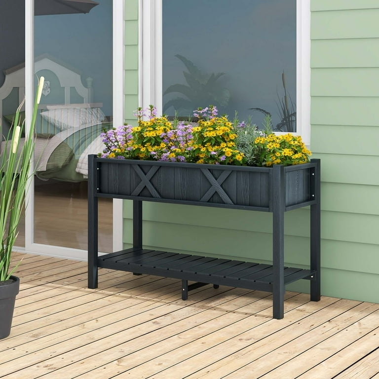 Raised Garden Bed Matte Black Composite with Integrated Storage Shelf
