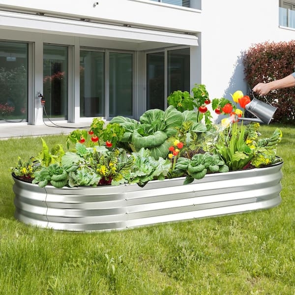 Raised Garden Bed Open Bottom Corrugated Sides Galvanized Metal Silver Frame
