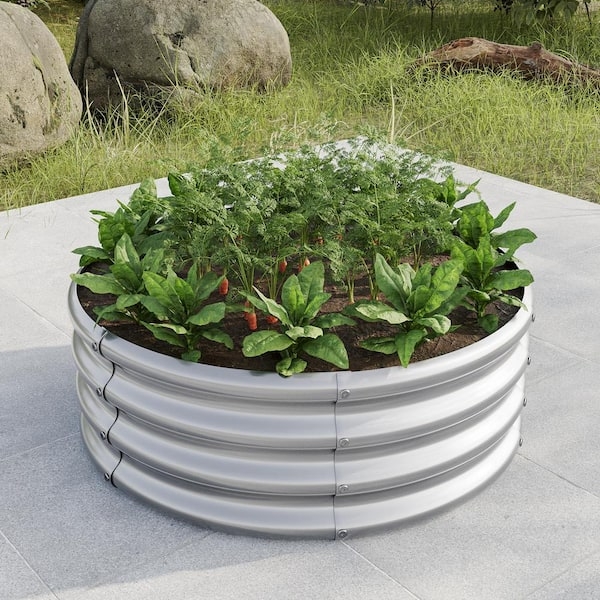 Raised Garden Bed Round Shape Corrugated Metal Galvanized Silver Open Bottom