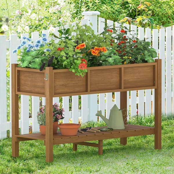 Raised Garden Bed Teak Finish with Practical Slatted Lower Storage Shelf