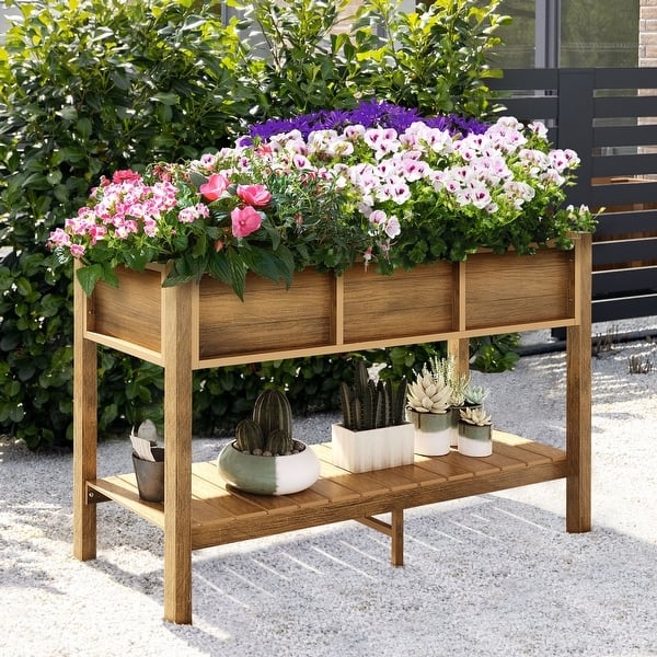 Raised Garden Bed White Poly Wood with Slatted Lower Shelf