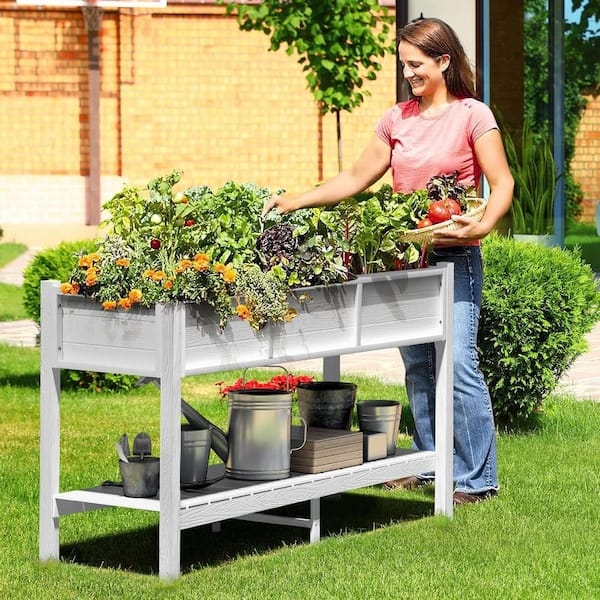 Raised Garden Bed White With Lower Storage Shelf