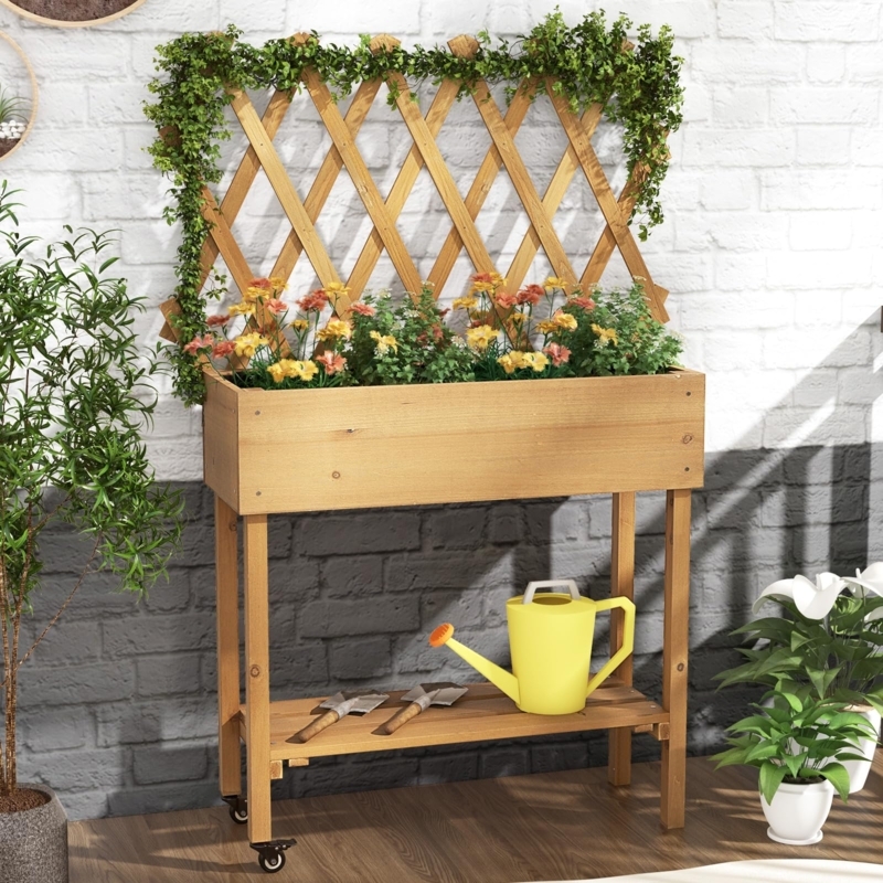 Raised Garden Bed with Integrated Trellis and Wheels for Mobile Patio Use