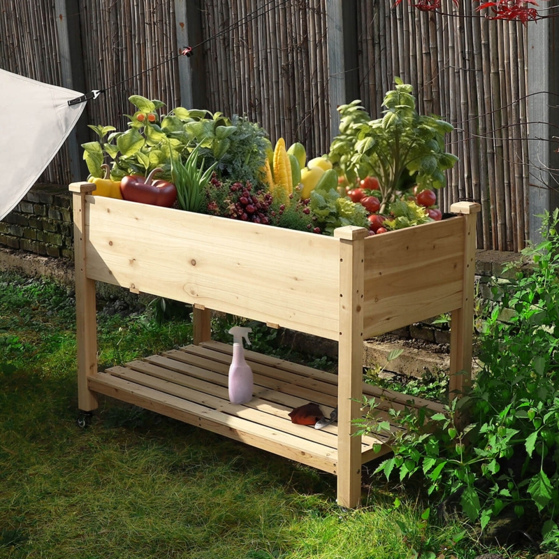 Raised Garden Bed Wood Toned Mobile With Wheels