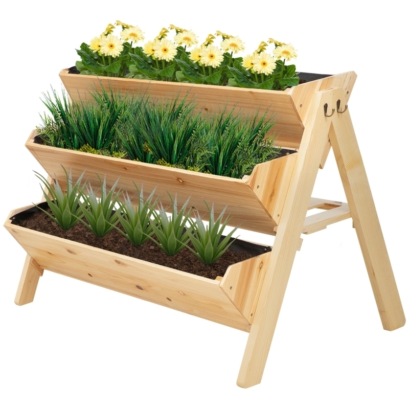 Raised Garden Bed, Wooden 3-Tier Planter Box with Storage Clapboard