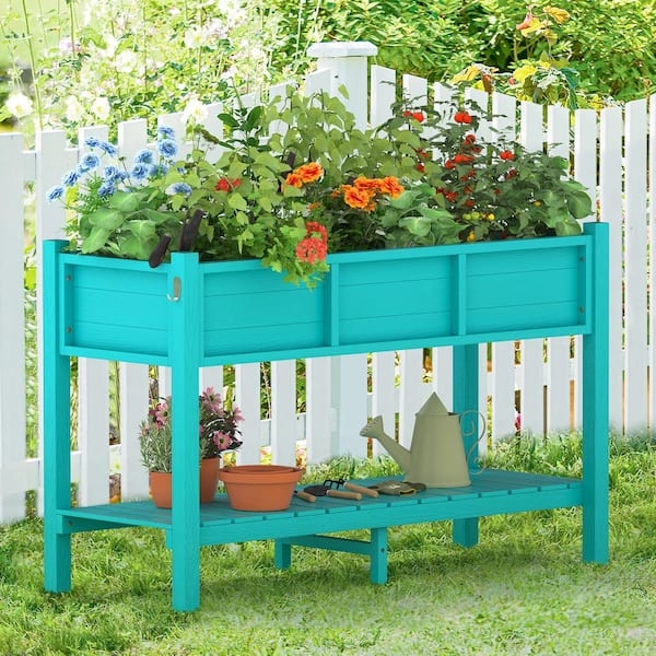 Raised Planter Blue Wood Grain Texture With Shelf