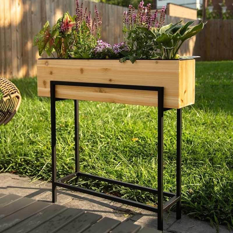 Raised Planter Industrial Wood and Black Metal Frame Standing Box