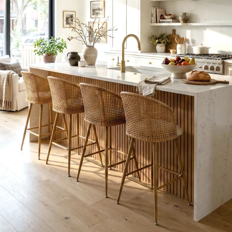 Rattan Back Bar Stools Curved Silhouette Upholstered Seat Mixed Media