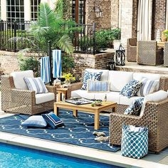 Rattan Look Sectional Sofa Dark Wicker Texture Woven Base Blue Cushions