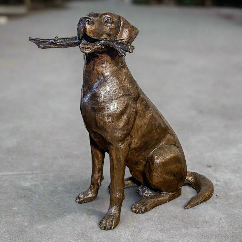 Realistic Dog Statue Retriever Ball Detail In Mouth Bronze Finish
