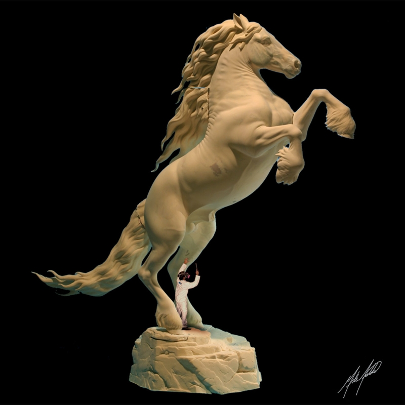 Rearing Friesian Horse Sculpture with Lifelike Bronze Musculature