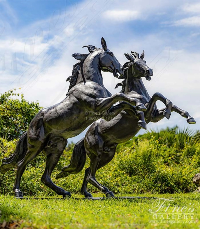 Rearing Horse Statues Pair with Weathered Bronze Patina for Mantels