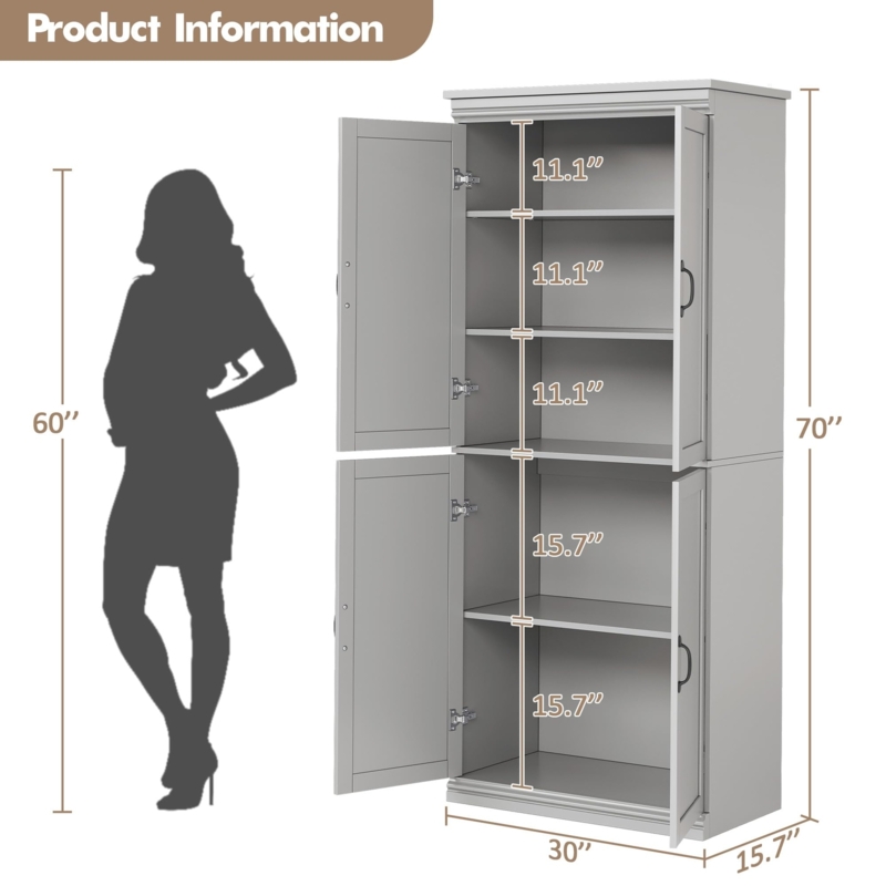 Recessed Panel Kitchen Pantry Cabinet with Gold Hardware