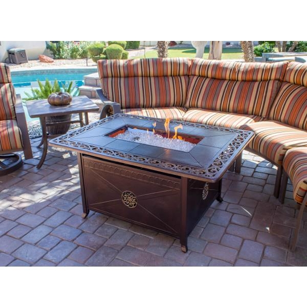 Rectangular Cast Aluminum Fire Pit, Dark Bronze, Scrollwork Base, Mesh Lid.