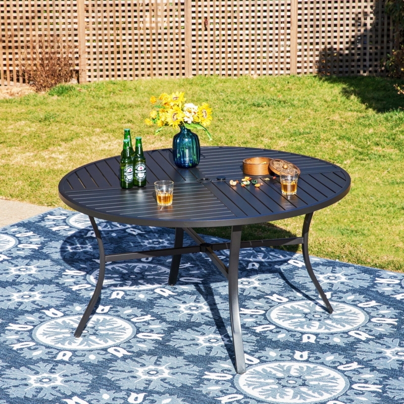 Rectangular Dining Table Matte Black Metal Slatted Top Umbrella Hole