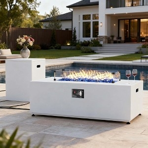 Rectangular Fire Pit Table Black Slatted Base Wood Top