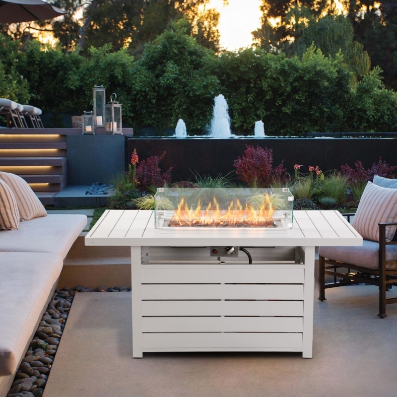 Rectangular Fire Pit Table, Charcoal Gray Slatted Sides, Glass Wind Guard.