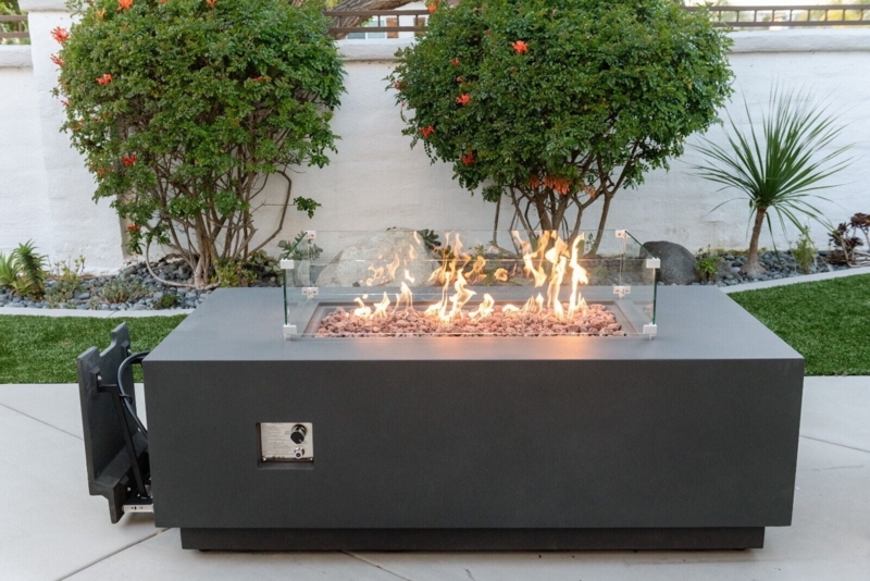 Rectangular Fire Pit Table Linear Burner Stone Finish Dark Gray Patio