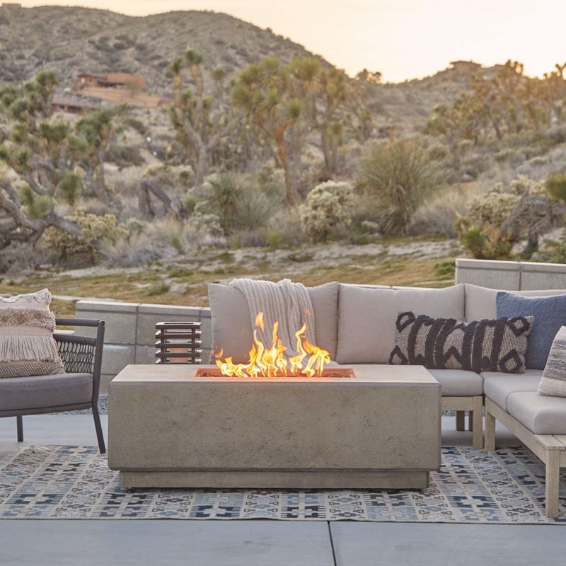 Rectangular Fire Pit Table Stone Finish Minimalist Patio