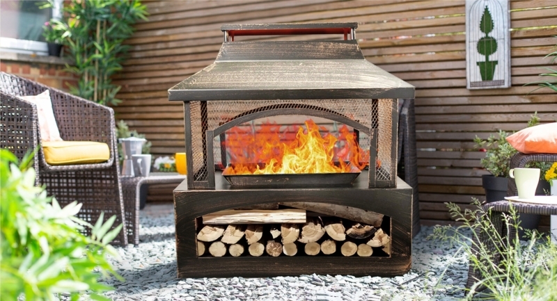 Rectangular Metal Outdoor Fireplace with Chimney and Mesh Screen