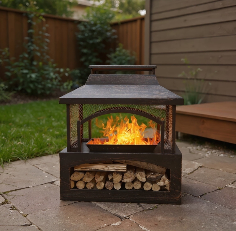 Rectangular Metal Outdoor Fireplace with Mesh Screen and Log Storage