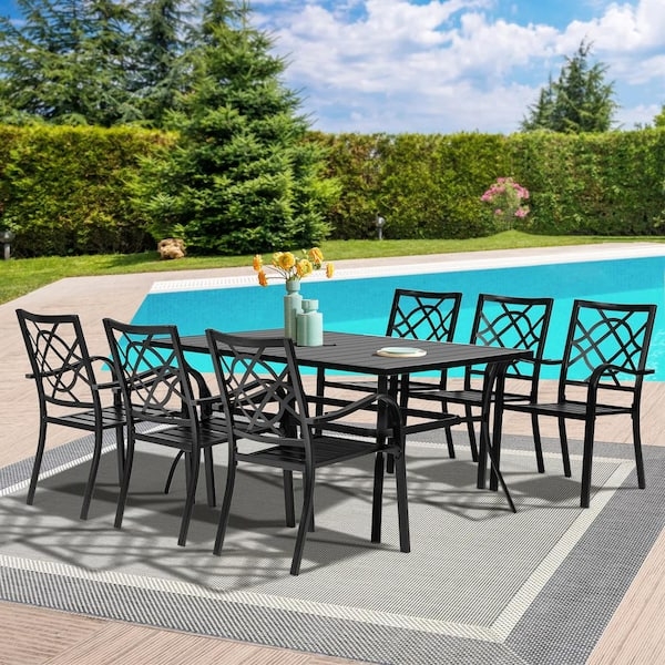 Rectangular Outdoor Dining Table Charcoal Grey Metal Slatted Tapered Legs