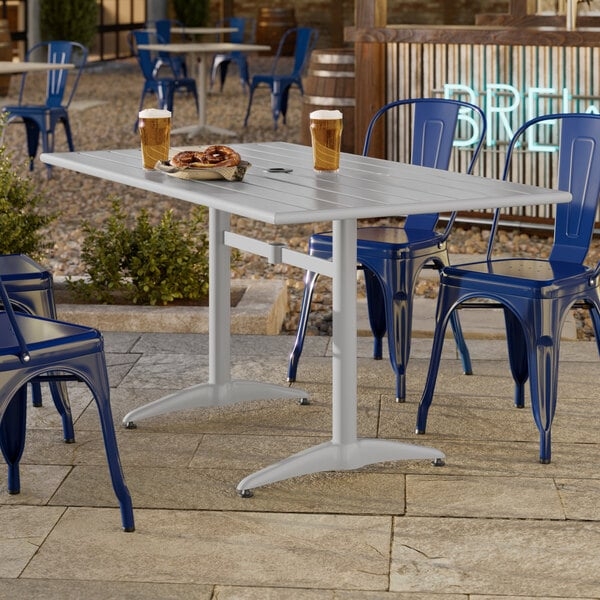 Rectangular Outdoor Dining Table Silver Slatted Metal Umbrella Hole