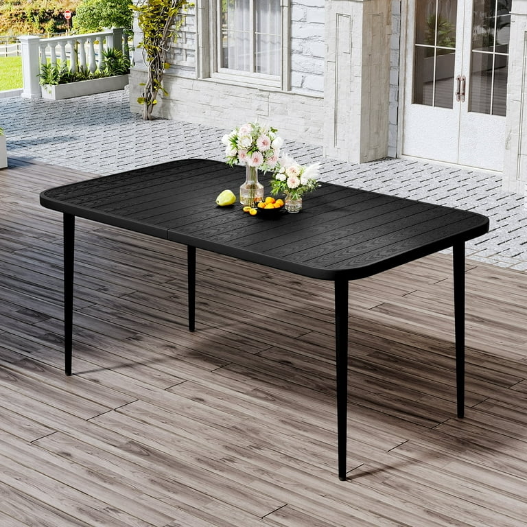Rectangular Outdoor Dining Table Slatted Top Umbrella Hole