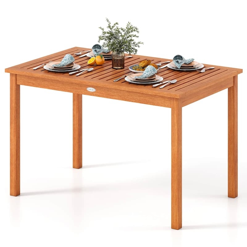 Rectangular Outdoor Dining Table Wood Toned Umbrella Hole Slatted