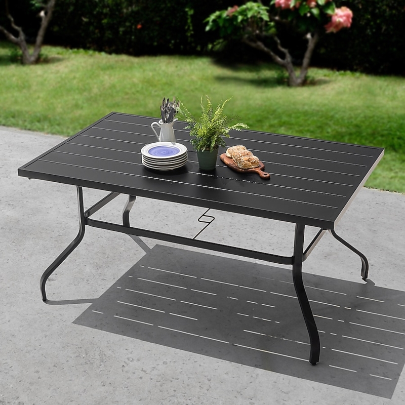 Rectangular Outdoor Table Black Metal Wood Slatted Top Modern Transitional