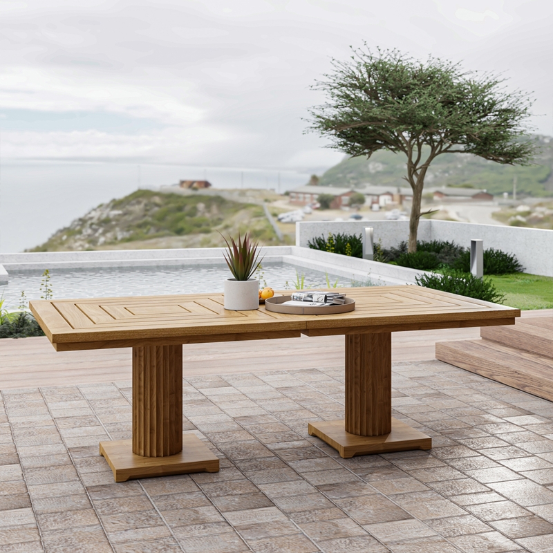 Rectangular Patio Table Block Pedestal Base Slatted Wood Top
