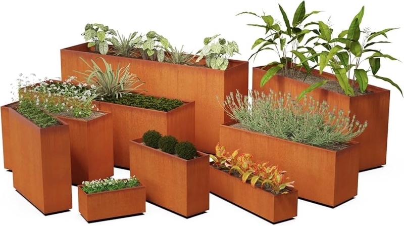 Rectangular Planter Rust Patina Corten Steel Low Profile Heavy Duty Matte