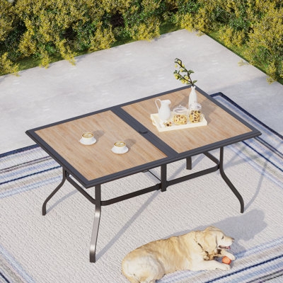 Rectangular Slatted Patio Table with Umbrella Hole, Wood-Toned Finish