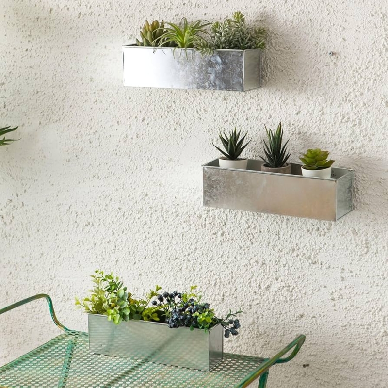Rectangular Wall Planter Set, Silver Metal Troughs, Modern Farmhouse