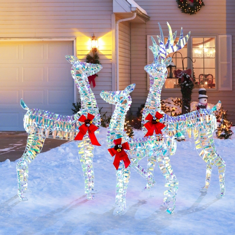 Reindeer Figures 3-Piece Set Pre-Lit Iridescent Film Shimmering LED