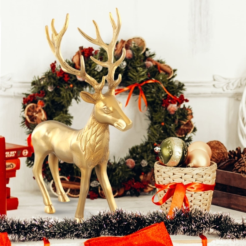 Reindeer Figurine, Gold Finish, Stylized Antlers, Glam Holiday