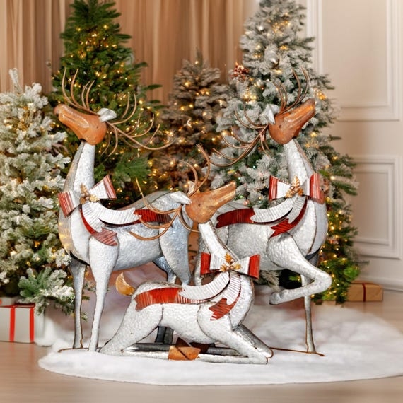 Reindeer Figurine Set Galvanized Finish Rustic Distressed