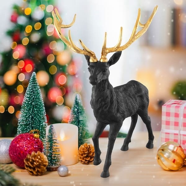 Reindeer Statue, Black and Gold Contrast, Stylized, Modern Sculpture