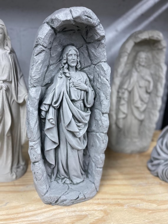 Religious Garden Grotto Decor, Weathered Concrete Statue in Grotto Arch.