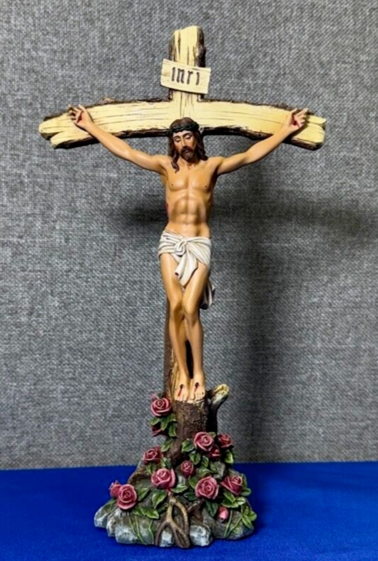 Religious Statue, Floral Base Traditional Religious Crucifix Statue.