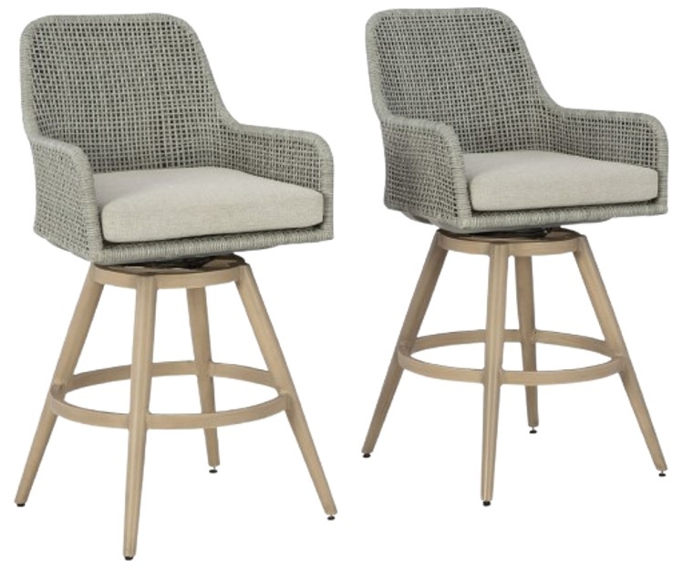 Resin Wicker Patio Bar Stools Swivel Base Wood Grain Aluminum Legs